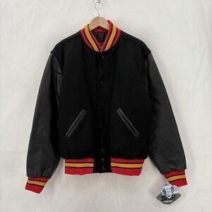 Holloway Varsity Jacket Mens Small Black Wool Leather Snap Front Lined Bomber